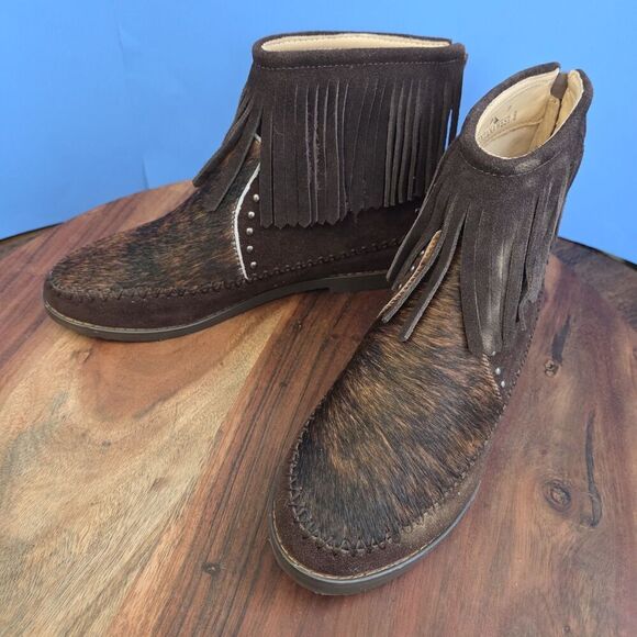 Montana West Fringe Ankle Boots Hair-On Cowhide Back Zip Coffee Women's 7/8 DESC - Picture 14 of 14
